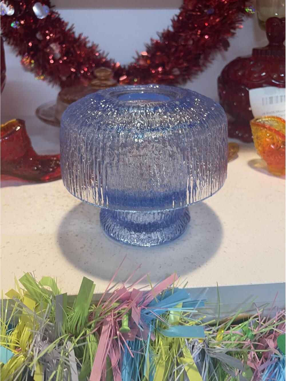 Indiana Glass Tiara Blue Mushroom Fairy Lamp Vintage Candle Light